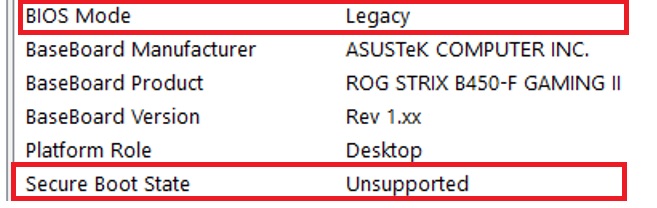 BIOS MODE Legacy UEFI Secure Boot 