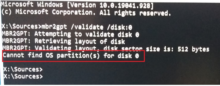 MBR2GPT Cannot find OS Partition for Disk